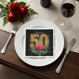 Serviette En Papier Fête d'anniversaire de 50 ans élégante rose rouge