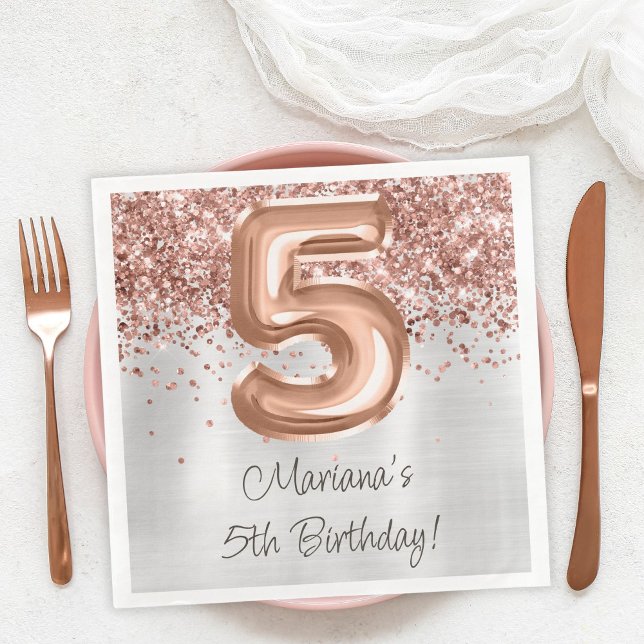 Serviette En Papier Fête d'anniversaire de 5 ans Rose Gold Argent (Créateur téléchargé)