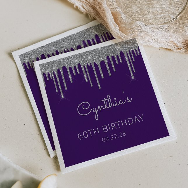 Serviette En Papier Fête d'anniversaire de 60 ans Purple Silver Glitte (Créateur téléchargé)