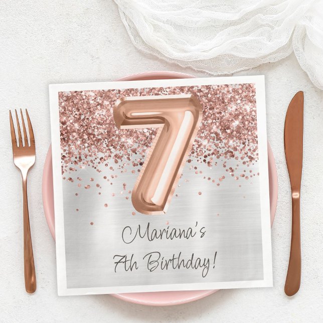 Serviette En Papier Fête d'anniversaire de 7 ans Rose Gold Argent (Créateur téléchargé)