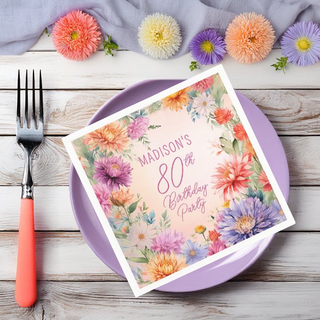 Serviette En Papier Fête d'anniversaire de 80 ans aux fleurs d'aster B (Boho Aster Flowers Floral 80th Birthday Party Napkins)