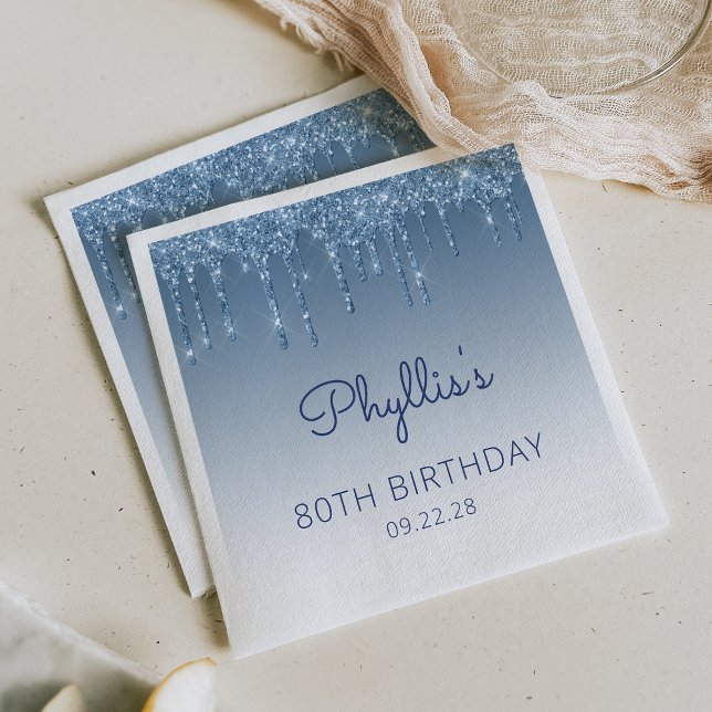 Serviette En Papier Fête d'anniversaire de 80 ans Blue Dripping Glitte (Créateur téléchargé)