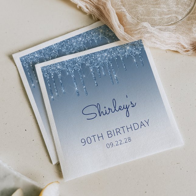 Serviette En Papier Fête d'anniversaire de 90 ans Blue Dripping Glitte (Créateur téléchargé)