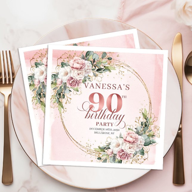 Serviette En Papier Fête d'anniversaire de 90 ans Rose Gold Bohème Gre (Rose Gold Bohemian Greenery 90th Birthday Party Napkins)
