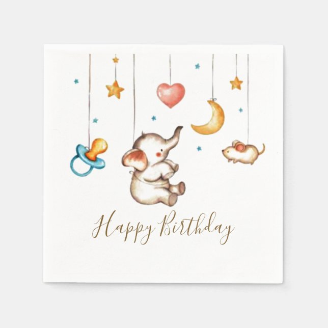 Serviette En Papier Fête d'anniversaire de bébé éléphant mignon (Devant)