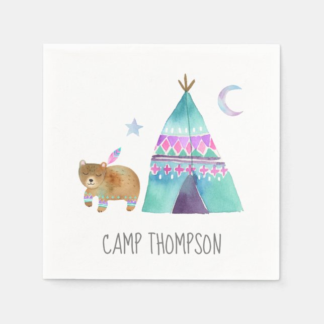 Serviette En Papier Fête d'anniversaire de camping à l'aquarelle (Devant)