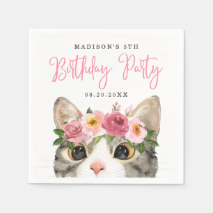 Serviette En Papier Fête d'anniversaire de chat à l'aquarelle douce