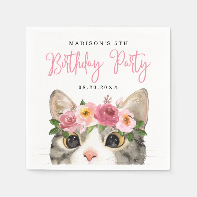 Serviette En Papier Fête d'anniversaire de chat à l'aquarelle douce (Devant)