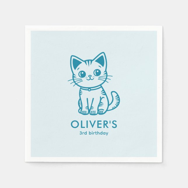 Serviette En Papier Fête d'anniversaire de chat bleu avec chaton coule (Devant)