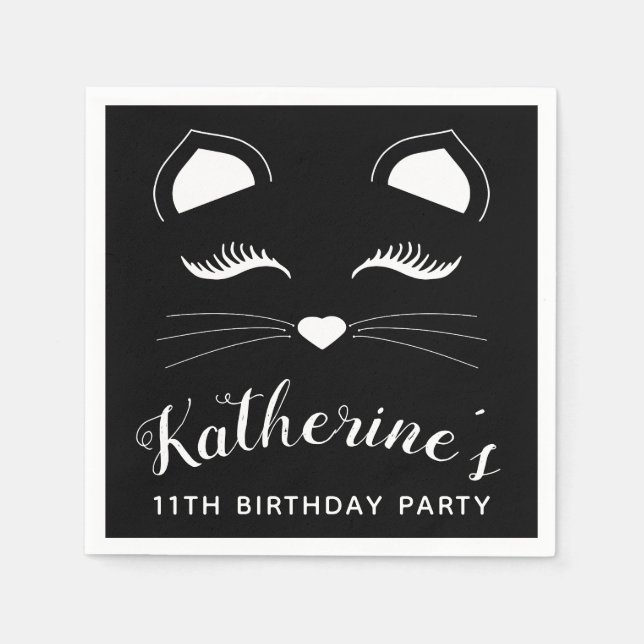 Serviette En Papier Fête d'anniversaire de Chat noir et blanc (Devant)