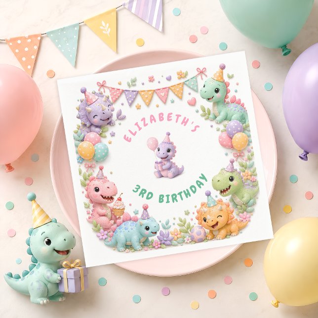 Serviette En Papier Fête d'anniversaire de dinosaure rose mignon  (Créateur téléchargé)