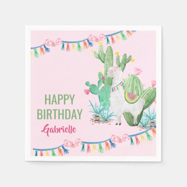 Serviette En Papier Fête d'anniversaire de Llama et Cactus personnalis (Devant)