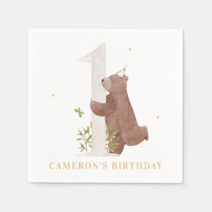 Serviette En Papier Fête d'anniversaire de premier ours en aquarelle m