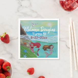 Serviette En Papier Fête d'anniversaire de sirène, Mignonne Rouge Turq