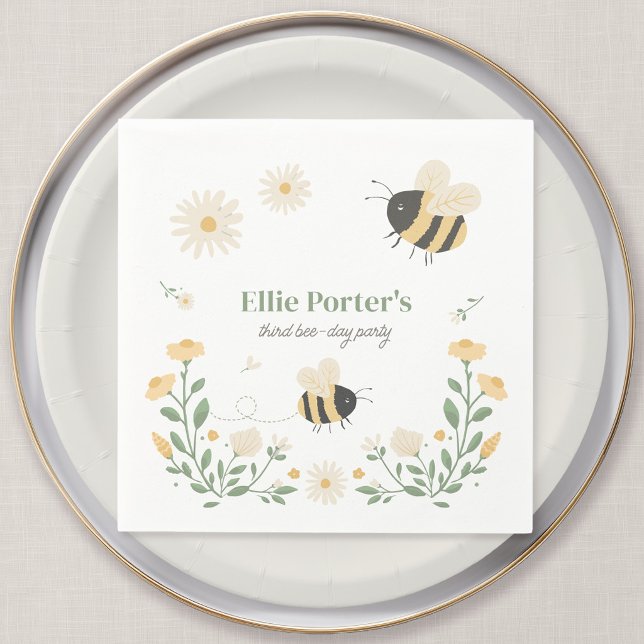 Serviette En Papier Fête d'anniversaire d'enfants sur le thème de l'ab (Wildflower Flight - Honey Bee Personalized Party Napkin)