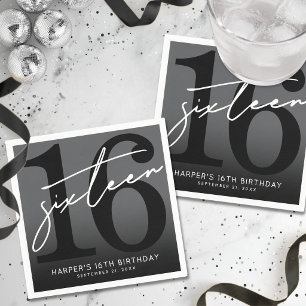 Serviette En Papier Fête d'anniversaire des 16 ans en noir