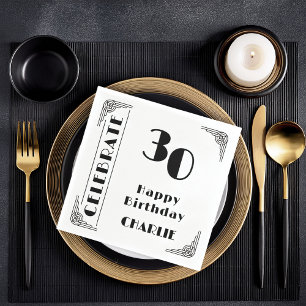 Serviette En Papier Fête d'anniversaire des 30 ans Art Déco noir et bl