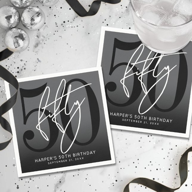 Serviette En Papier Fête d'anniversaire des 50 ans Noir Moderne (Modern Black 50th Birthday Party Napkins)