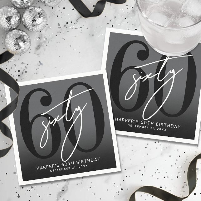 Serviette En Papier Fête d'anniversaire des 60 ans noire moderne (Modern Black 60th Birthday Party Napkins)