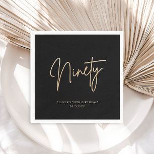 Serviette En Papier Fête d'anniversaire des 90 ans Élégante Or Noir