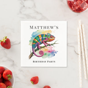 Serviette En Papier Fête d'anniversaire du caméléon aquarelle coloré