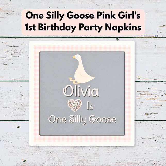 Serviette En Papier Fête d'anniversaire d'une fille rose d'oie sotte (One Silly Goose Pink Gray Girl's Birthday Party Napkins)