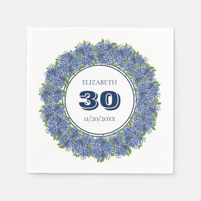 Serviette En Papier Fête d'anniversaire élégante florale Hydrangea ble (Devant)