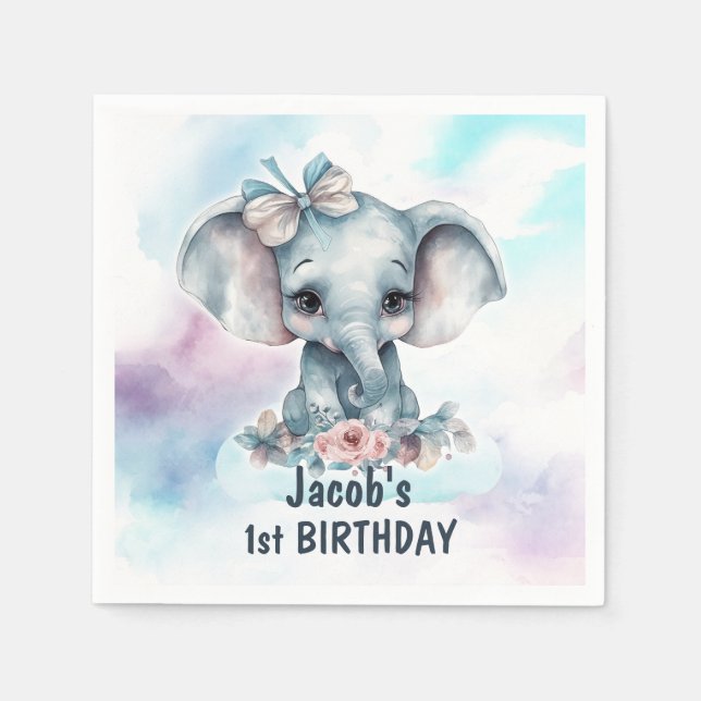 Serviette En Papier Fête d'anniversaire éléphant mignon 1 an (Devant)