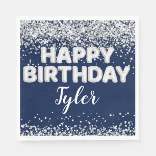 Serviette En Papier Fête d'anniversaire en argent bleu marine