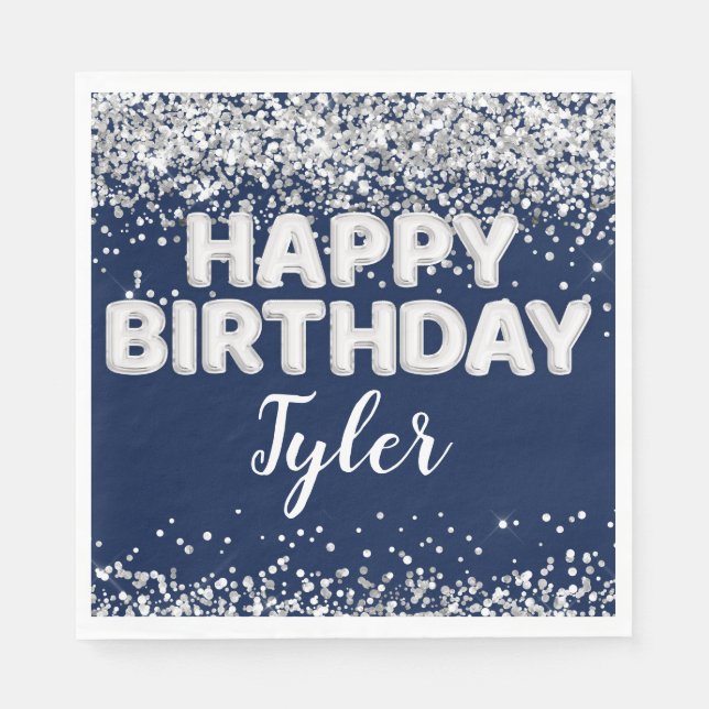 Serviette En Papier Fête d'anniversaire en argent bleu marine (Devant)