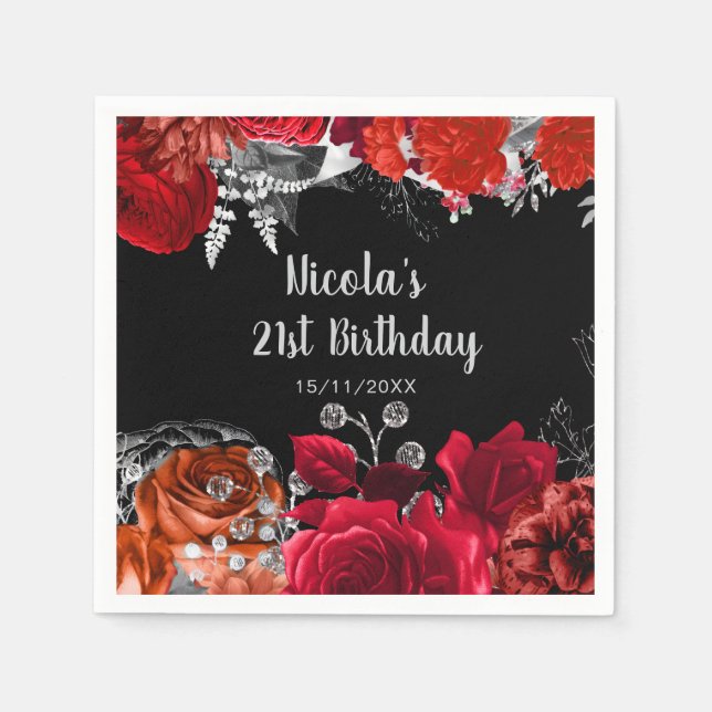 Serviette En Papier Fête d'anniversaire Fleurs Rouges et Argentées Élé (Devant)