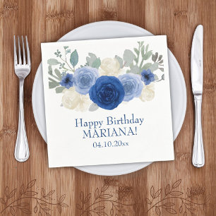 Serviette En Papier Fête d'anniversaire florale élégante bleu marine