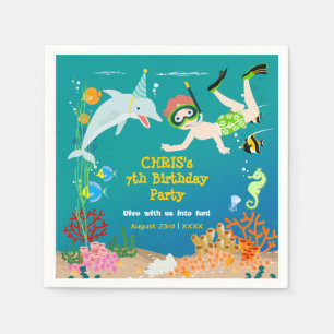 Serviette En Papier Fête d'anniversaire garçon et dauphins sous la mer