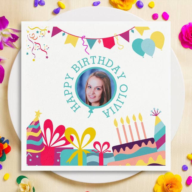 Serviette En Papier Fête d'anniversaire joyeux texte photo personnalis (Créateur téléchargé)