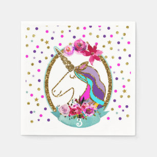 Serviette En Papier Fête d'anniversaire licorne à pois pailletés or