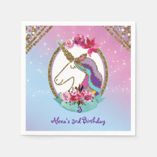 Serviette En Papier Fête d'anniversaire licorne magique rose or violet
