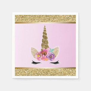 Serviette En Papier Fête d'anniversaire licorne rose paillettes dorées