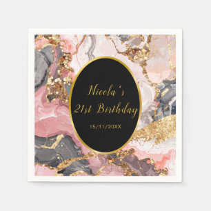 Serviette En Papier Fête d'anniversaire Marbre Agate Rose, Gris et Or
