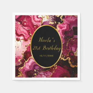 Serviette En Papier Fête d'anniversaire Marbre Agate Rouge Clair et Or