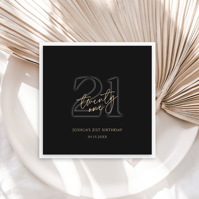 Serviette En Papier Fête d'anniversaire moderne noire et dorée pour 21 (Modern Black and Gold 21st Birthday Party Napkins)