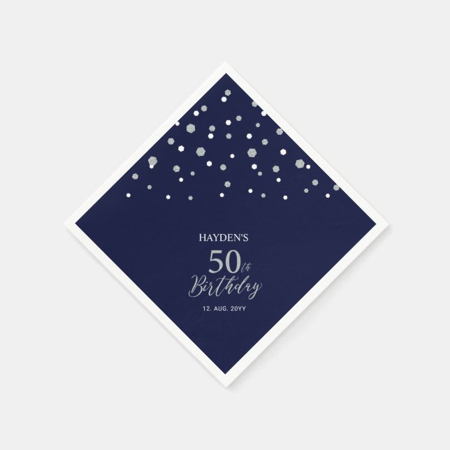 Serviette En Papier Fête d'anniversaire moderne Silver & Navy Blue 50t (Coin)