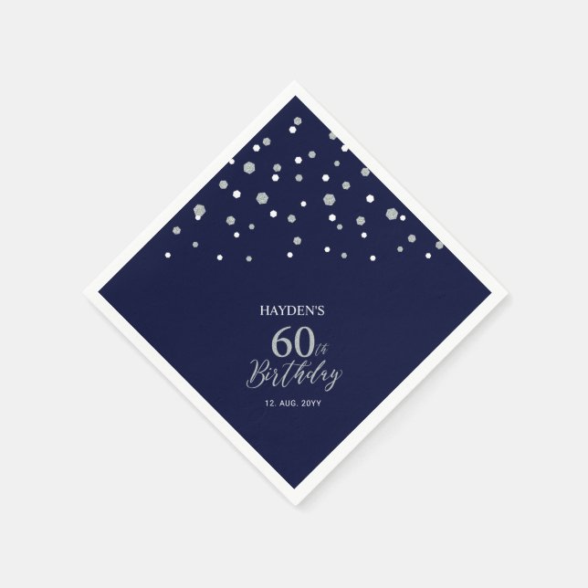 Serviette En Papier Fête d'anniversaire moderne Silver & Navy Blue 60t (Coin)