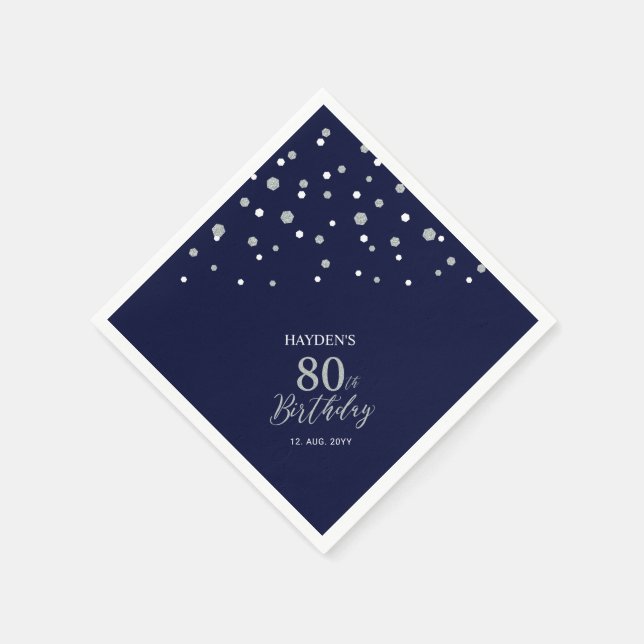 Serviette En Papier Fête d'anniversaire moderne Silver & Navy Blue 80t (Coin)