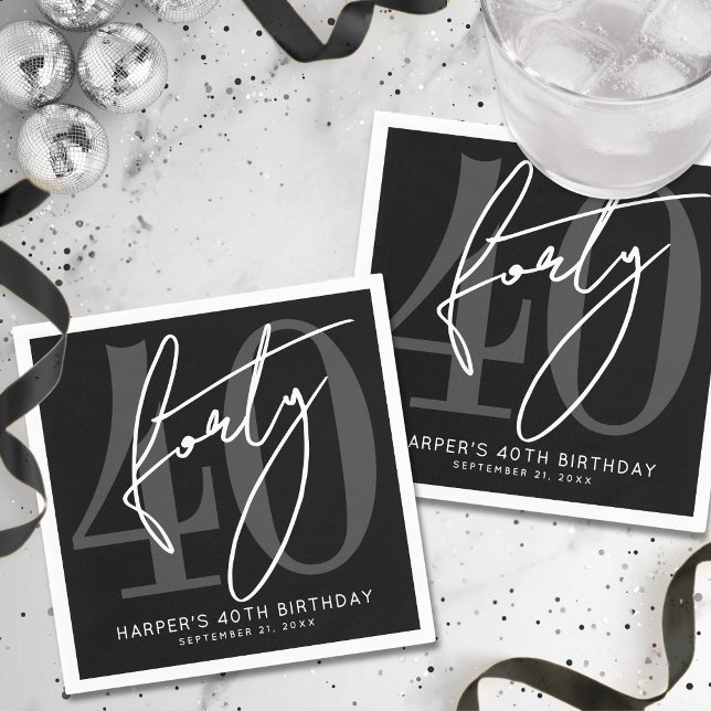 Serviette En Papier Fête d'anniversaire noir 40 ans (Black 40th Birthday Party Napkins )