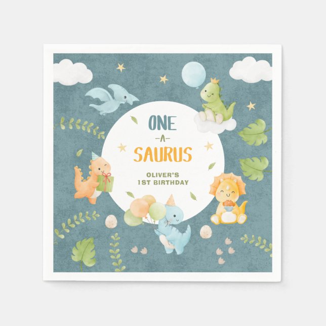 Serviette En Papier Fête d'anniversaire One-A-Saurus Dinosaur 1 an (Devant)