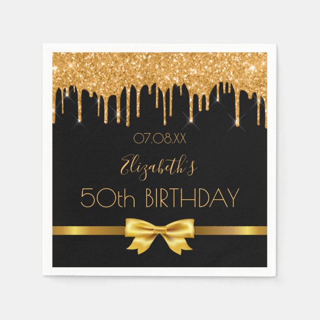 Serviette En Papier fête d'anniversaire parties scintillant d'or noir  (Devant)