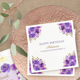 Serviette En Papier Fête d'anniversaire Purple Floral et Feuille d'Or