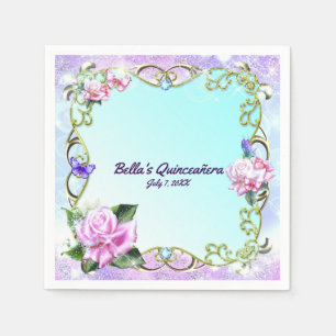 Serviette En Papier Fête d'anniversaire Quinceañera Roses & Papillons