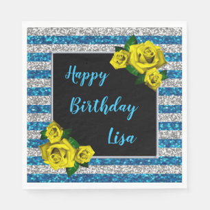 Serviette En Papier Fête d'anniversaire rayures paillettes bleu argent