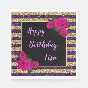 Serviette En Papier Fête d'anniversaire rayures paillettes or violet r